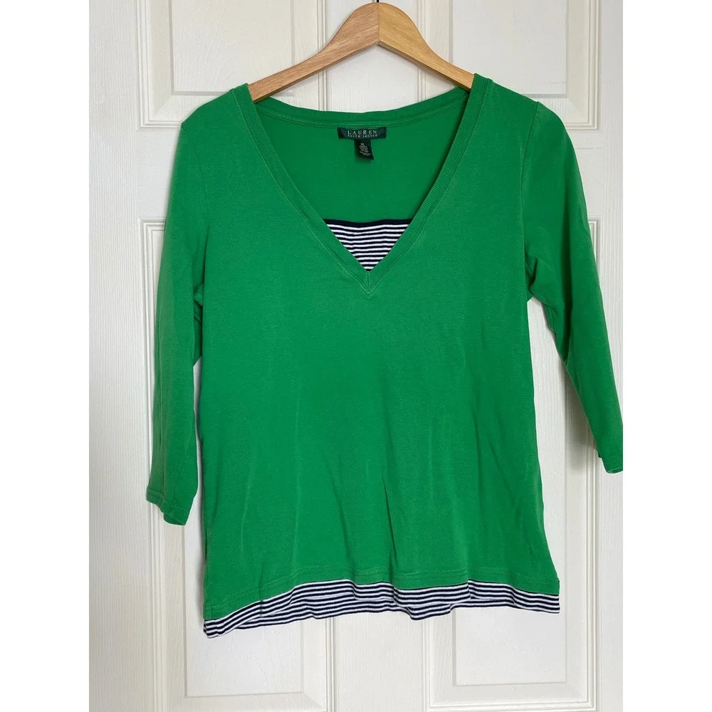 Lauren Ralph Lauren Green V‎ Neck Layered Top XL Cotton